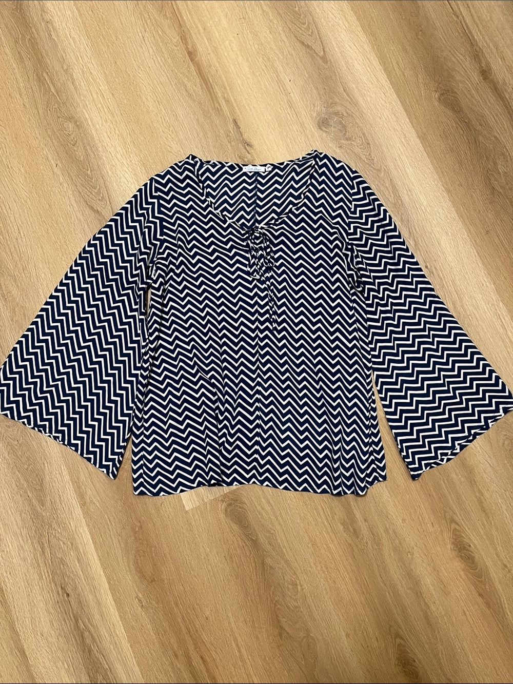 Ava Sky Navy and White Chevron Tie-Front Blouse